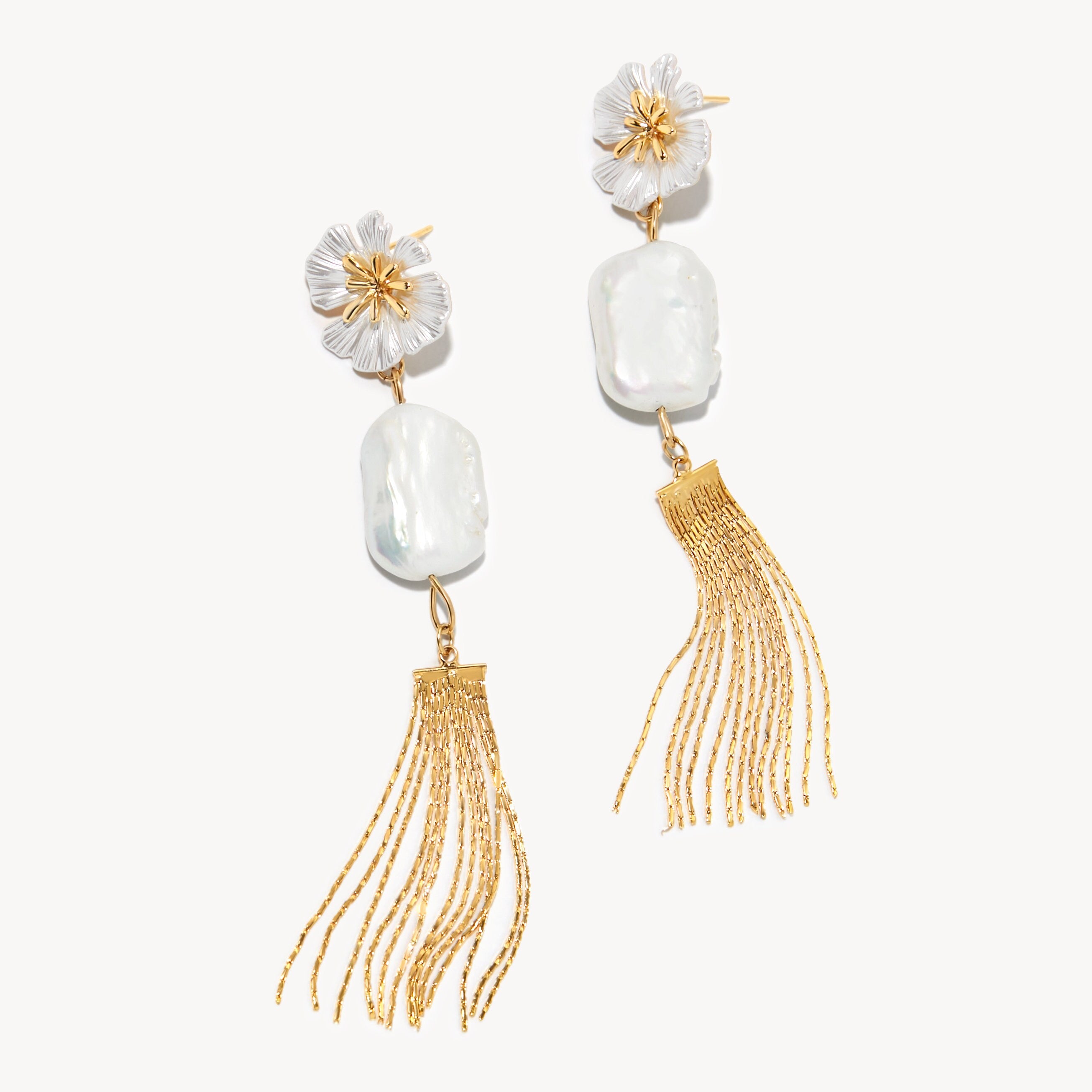 Freshwater Pearl Earrings, Flower Earrings, Gold Fringe Earrings, Mother of Pearl Earrings, Gold Bridal Earrings