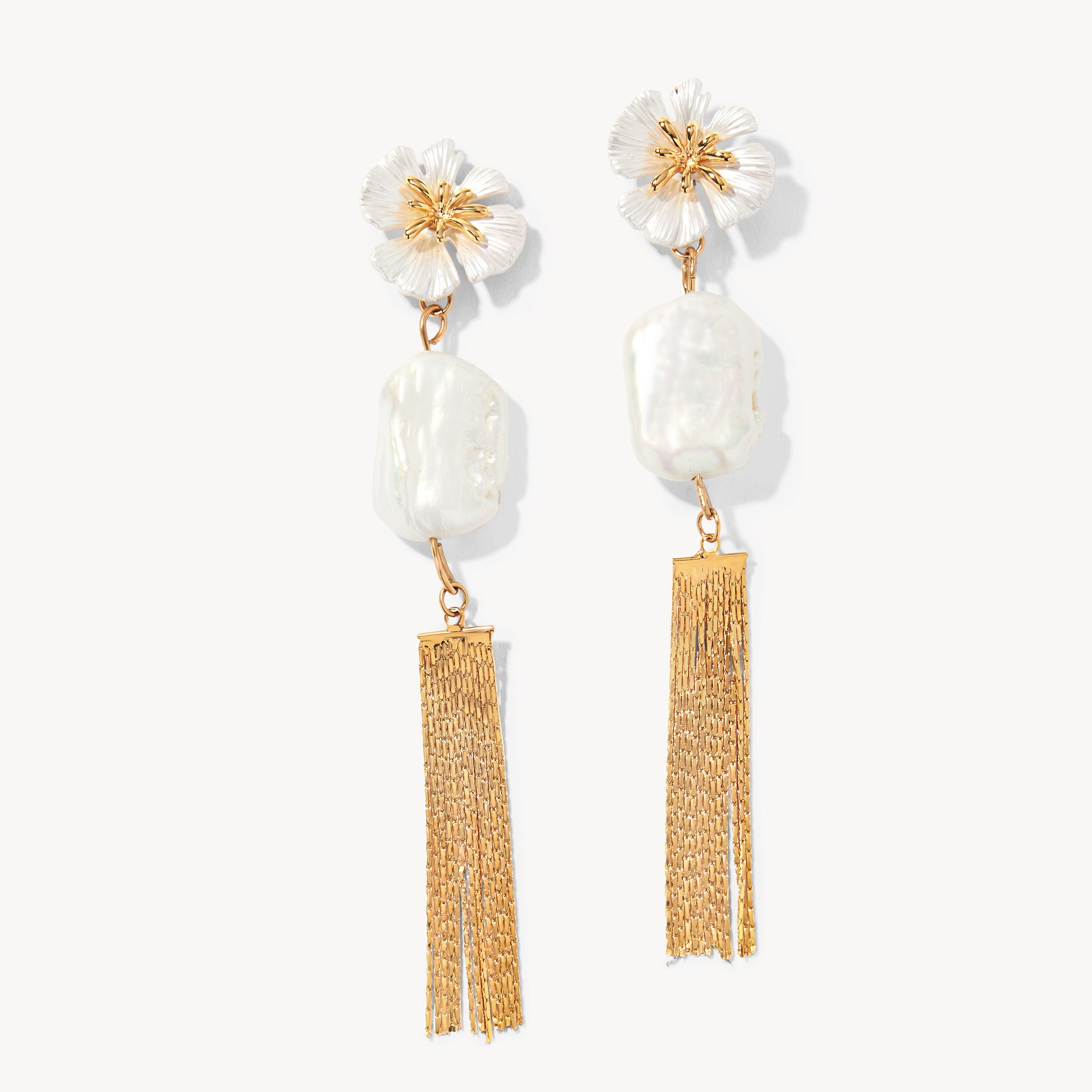 Freshwater Pearl Earrings, Flower Earrings, Gold Fringe Earrings, Mother of Pearl Earrings, Gold Bridal Earrings