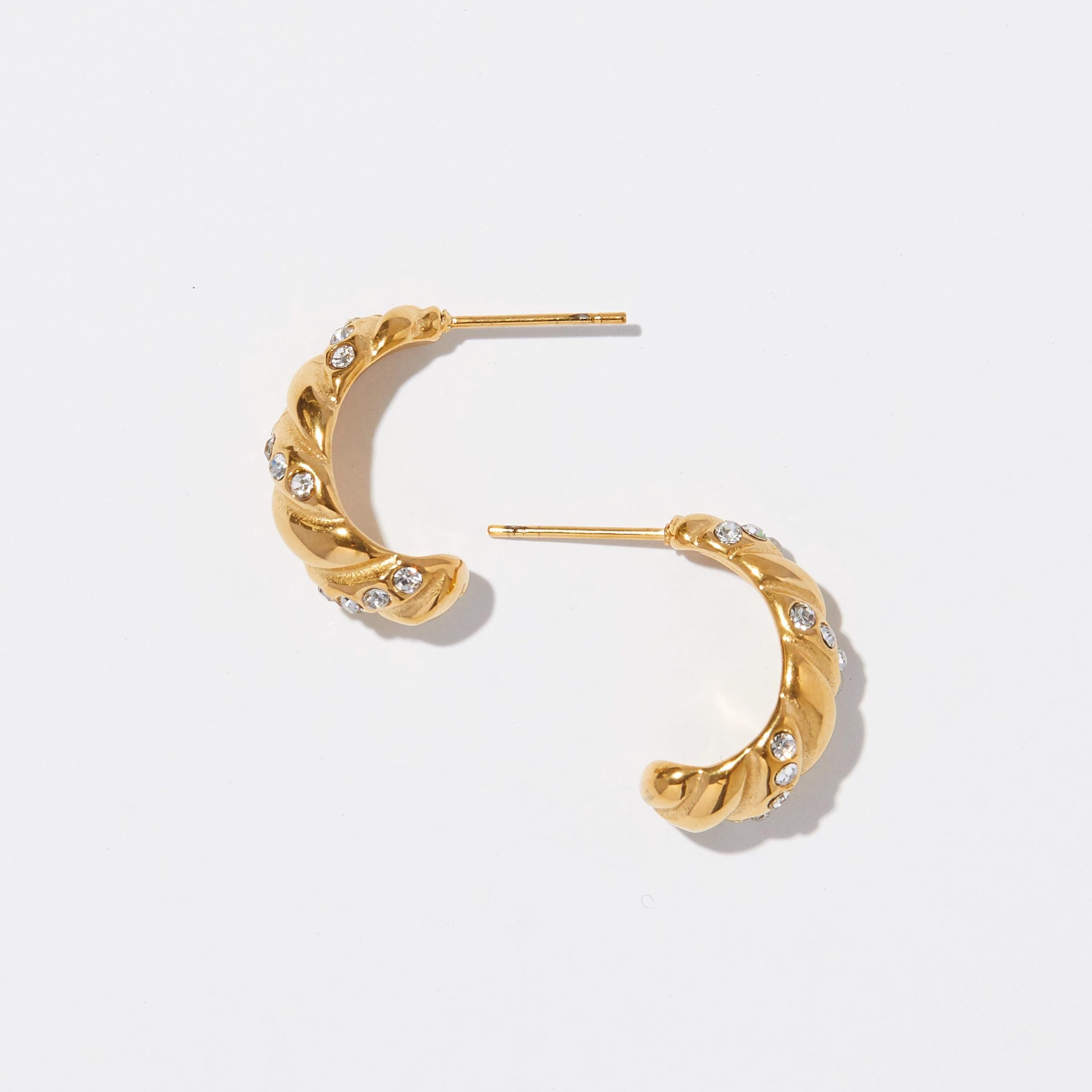 Dainty Gold Plated Earrings with Sparkling Pavé Stones, Christmas Gift for Her, Minimalist Jewelry, Small Gold Hoop Croissant Earrings