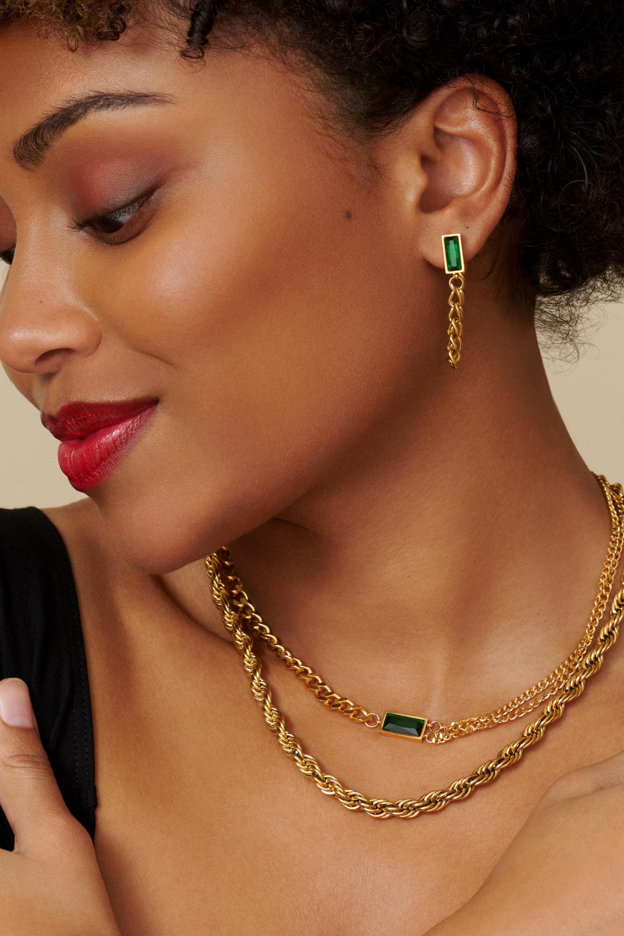 18K Gold Emerald Necklace, Layering Necklace, Christmas Gift for Her, Curb Chain for Women, Cuban Chain Necklace