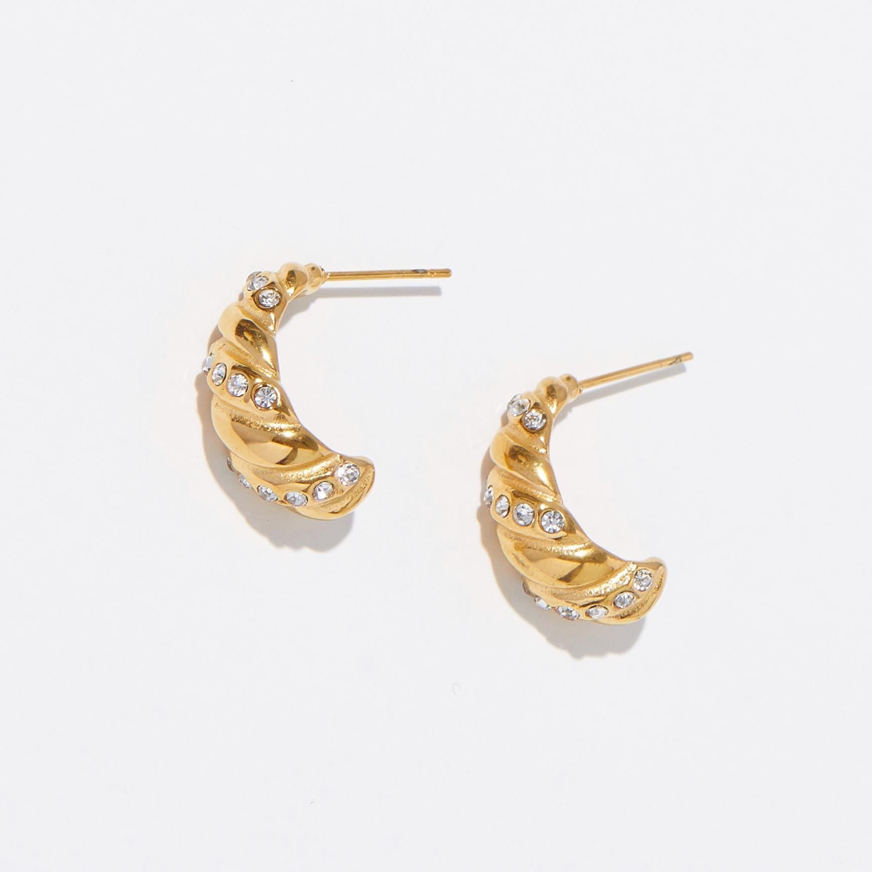Dainty Gold Plated Earrings with Sparkling Pavé Stones, Christmas Gift for Her, Minimalist Jewelry, Small Gold Hoop Croissant Earrings