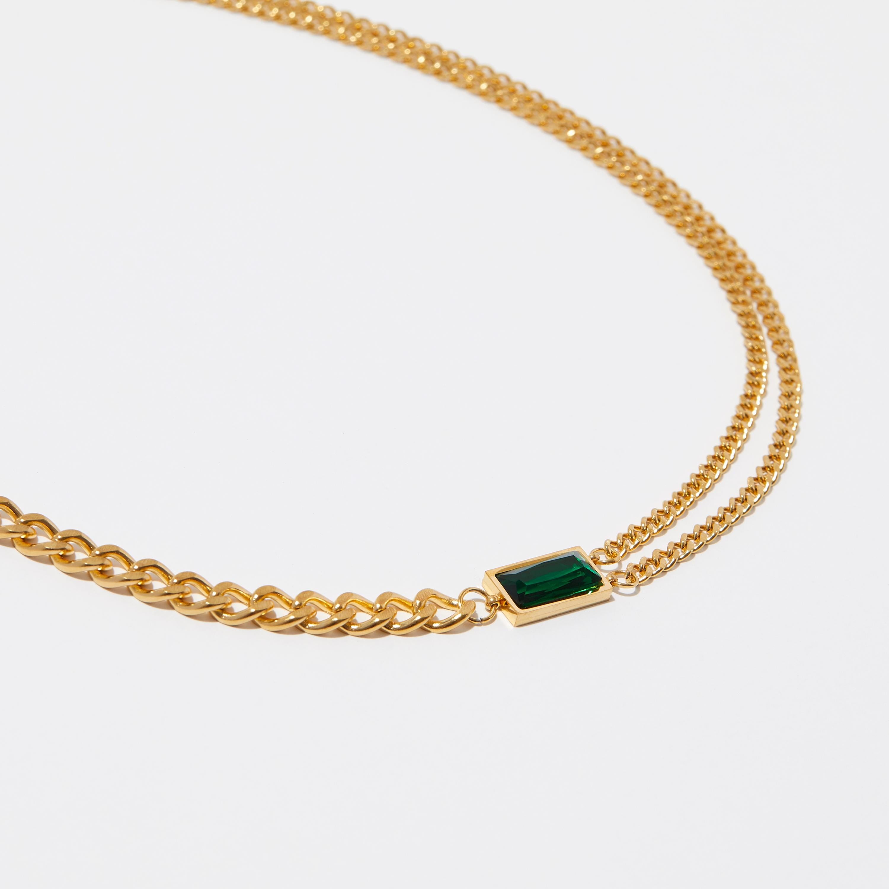 18K Gold Emerald Necklace, Layering Necklace, Christmas Gift for Her, Curb Chain for Women, Cuban Chain Necklace