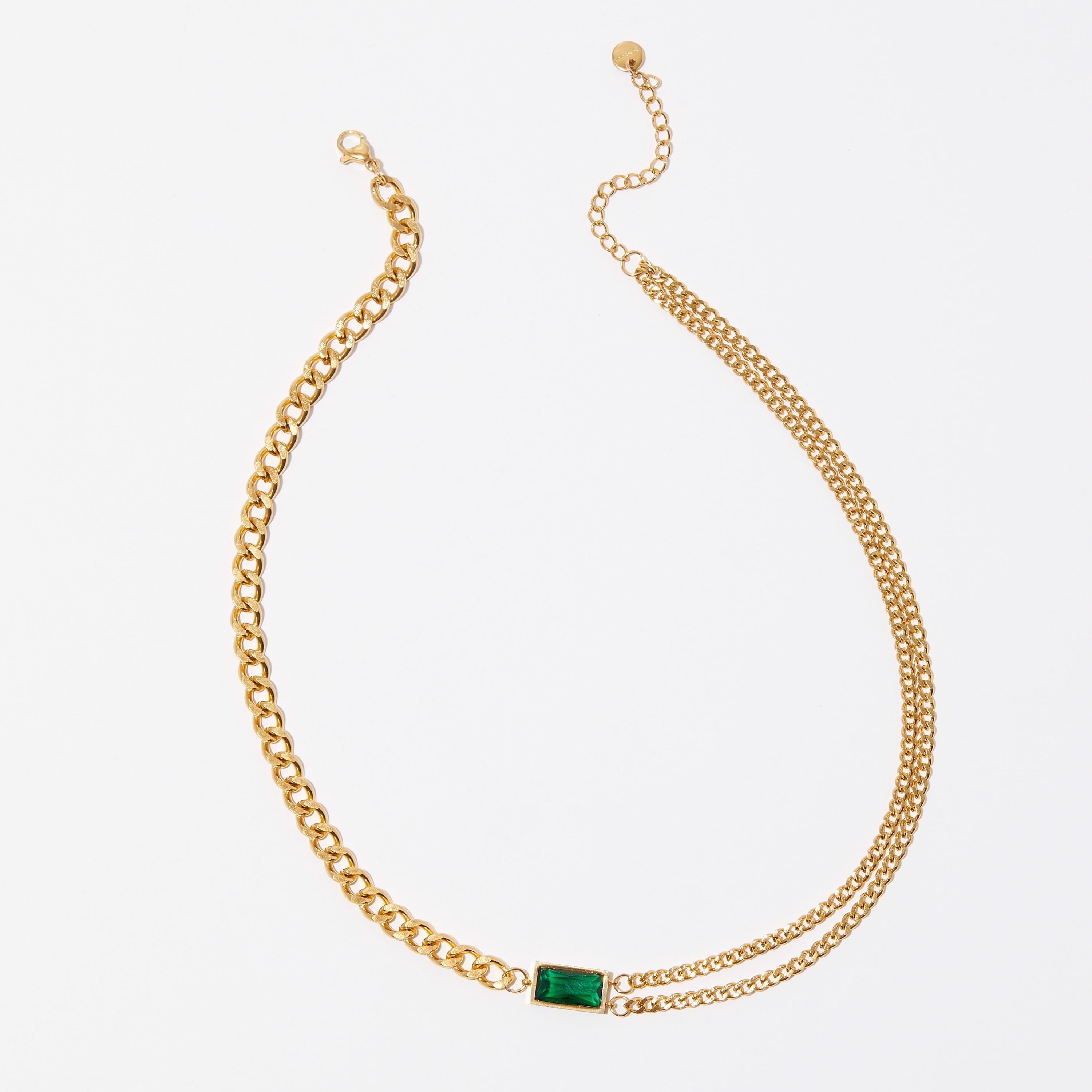 18K Gold Emerald Necklace, Layering Necklace, Christmas Gift for Her, Curb Chain for Women, Cuban Chain Necklace