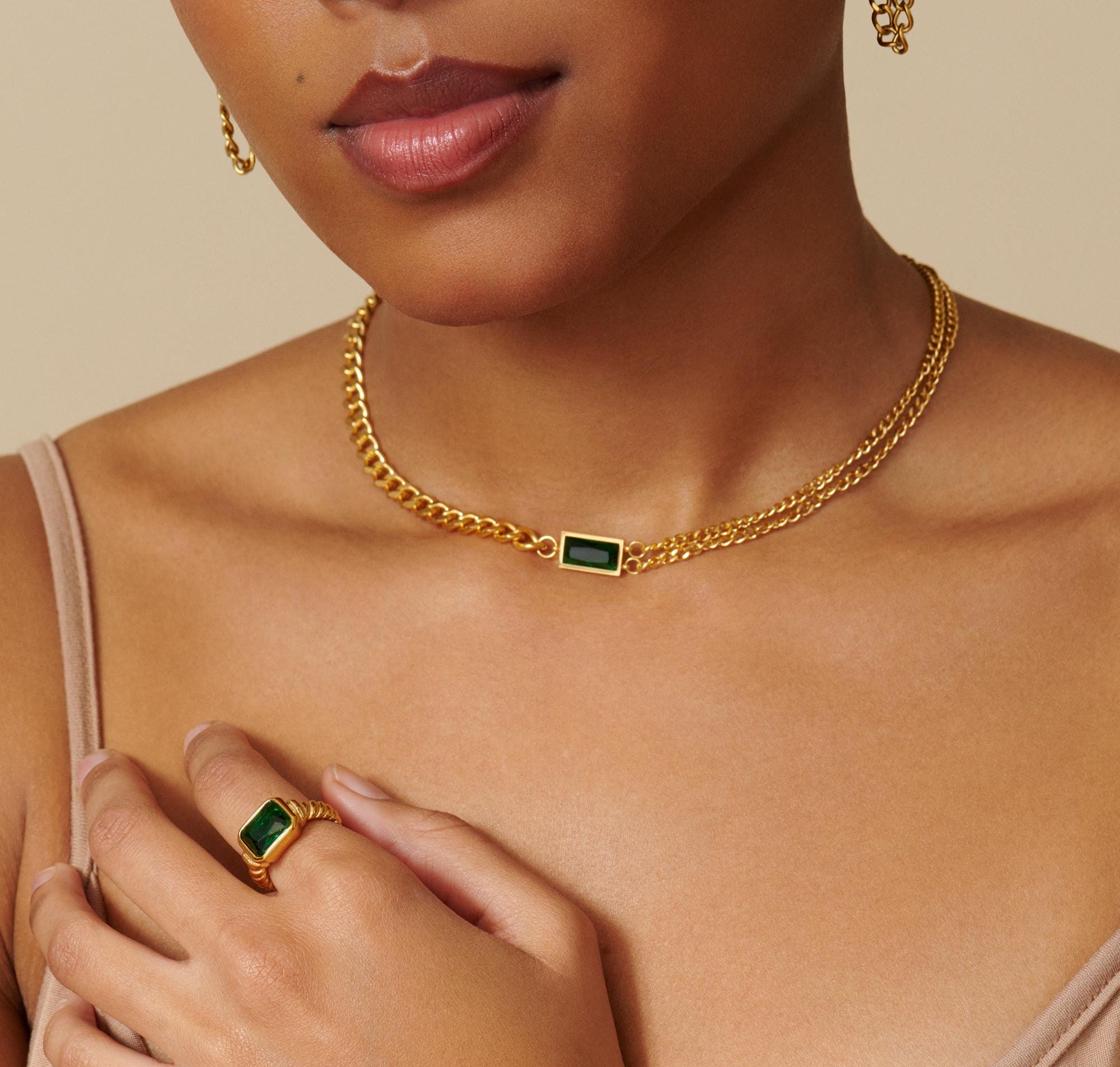 18K Gold Emerald Necklace, Layering Necklace, Christmas Gift for Her, Curb Chain for Women, Cuban Chain Necklace