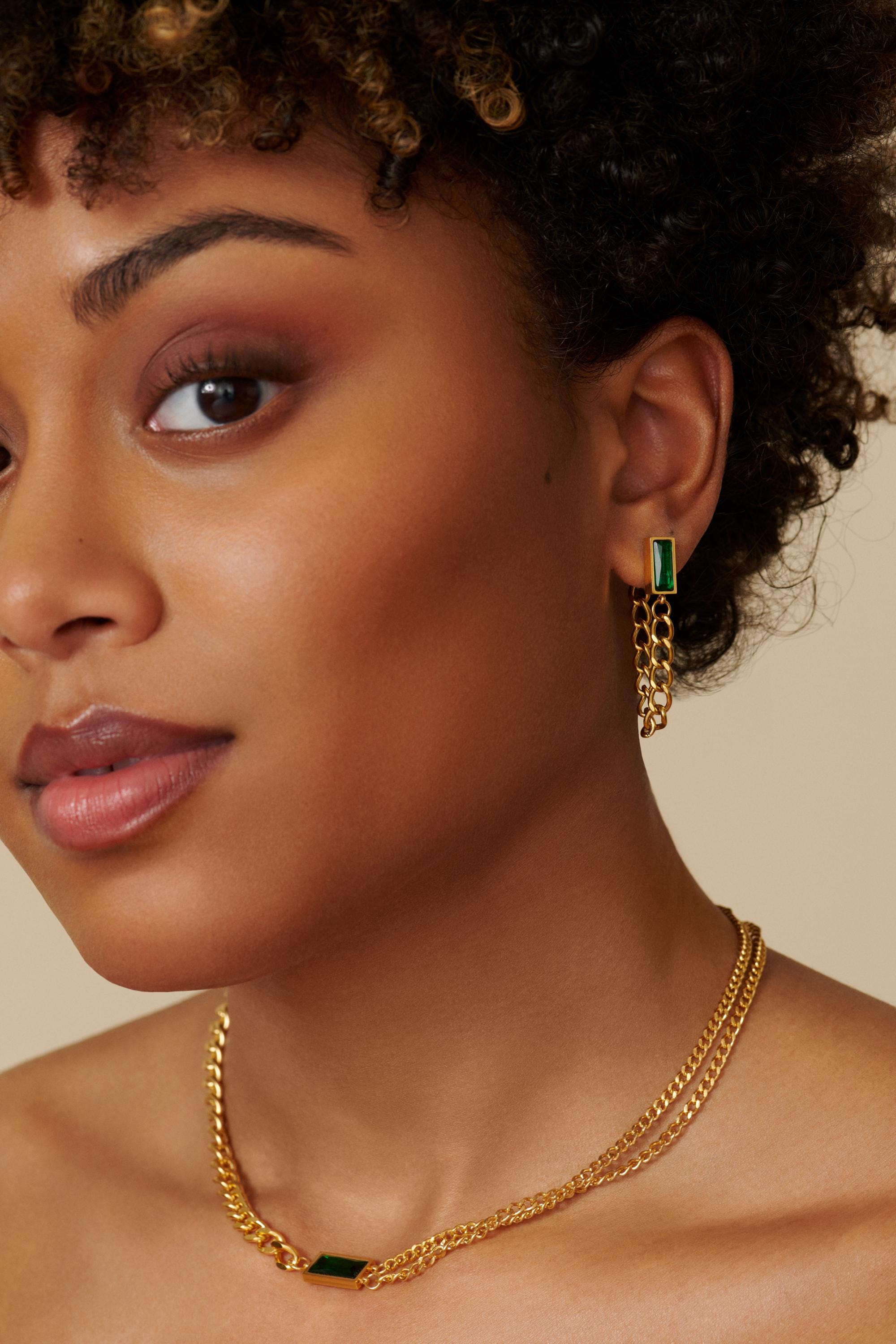 18K Gold Emerald Necklace, Layering Necklace, Christmas Gift for Her, Curb Chain for Women, Cuban Chain Necklace