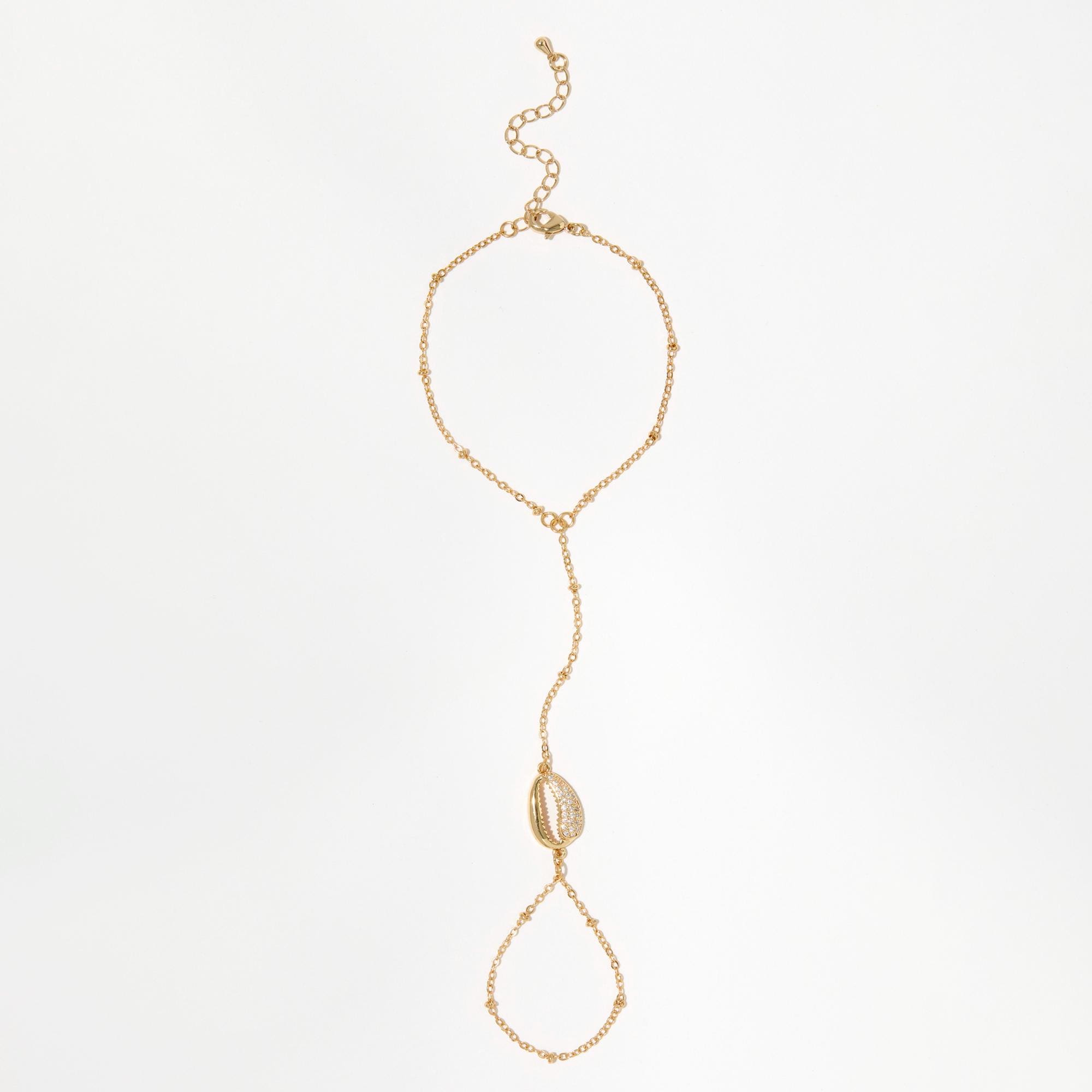 Boho Gold Plated Cowrie Shell Hand Chain Bracelet - Adjustable Hand Chain for Women - Beaded Hand Chain