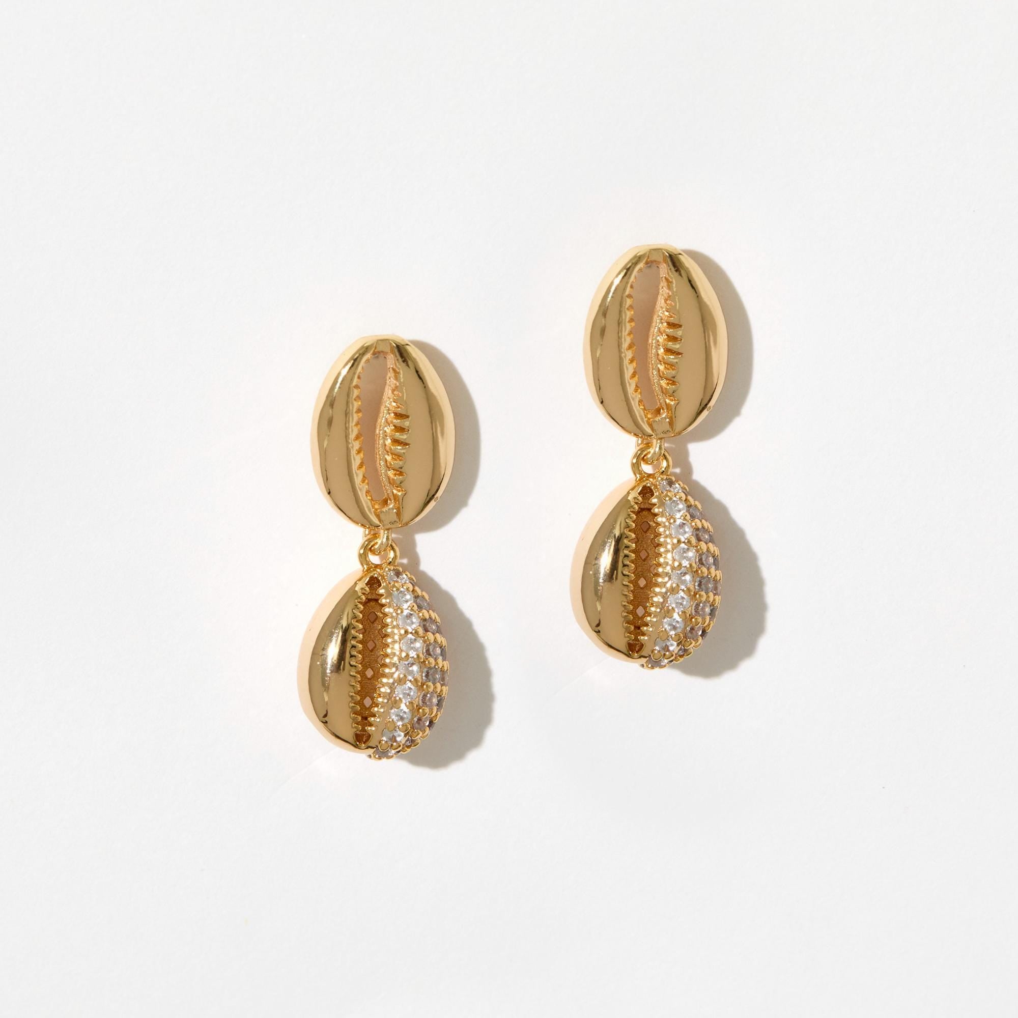 Pave Shell Earrings - Cowrie Shell Dangle Earrings - Gold Plated Stud Earrings - Gift for Her - Beach Jewelry