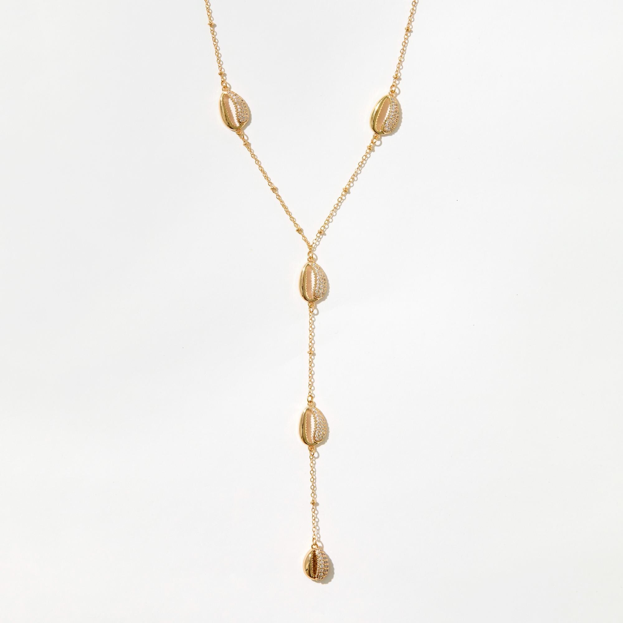 Gold Plated Lariat Necklace - Long Drop Necklace - Birthday gift for her - Dainty Layering Necklace - Cowrie Shell Necklace - Gold Jewelry