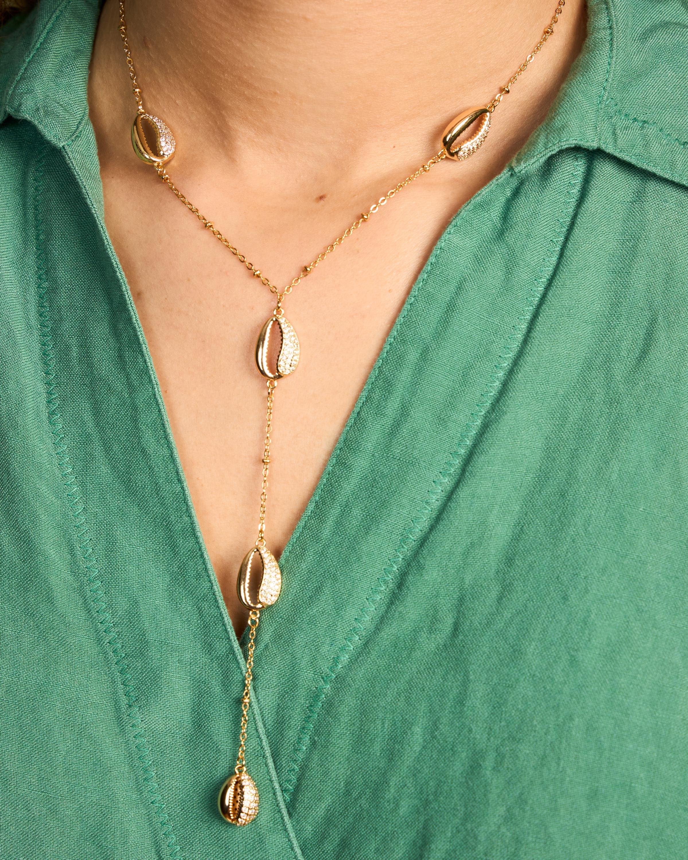 Gold Plated Lariat Necklace - Long Drop Necklace - Birthday gift for her - Dainty Layering Necklace - Cowrie Shell Necklace - Gold Jewelry