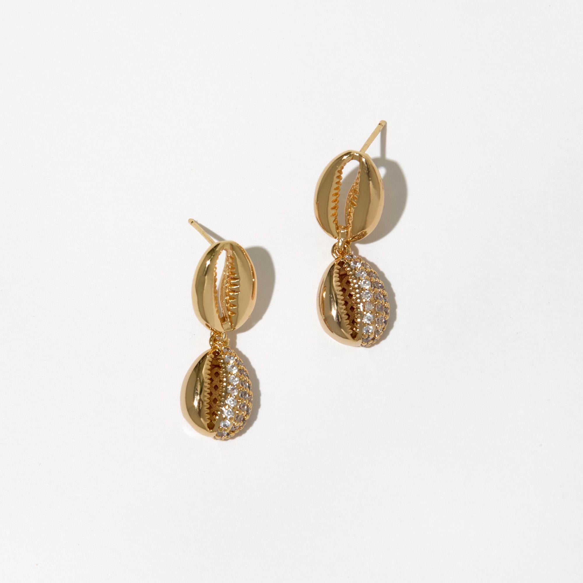 Pave Shell Earrings - Cowrie Shell Dangle Earrings - Gold Plated Stud Earrings - Gift for Her - Beach Jewelry
