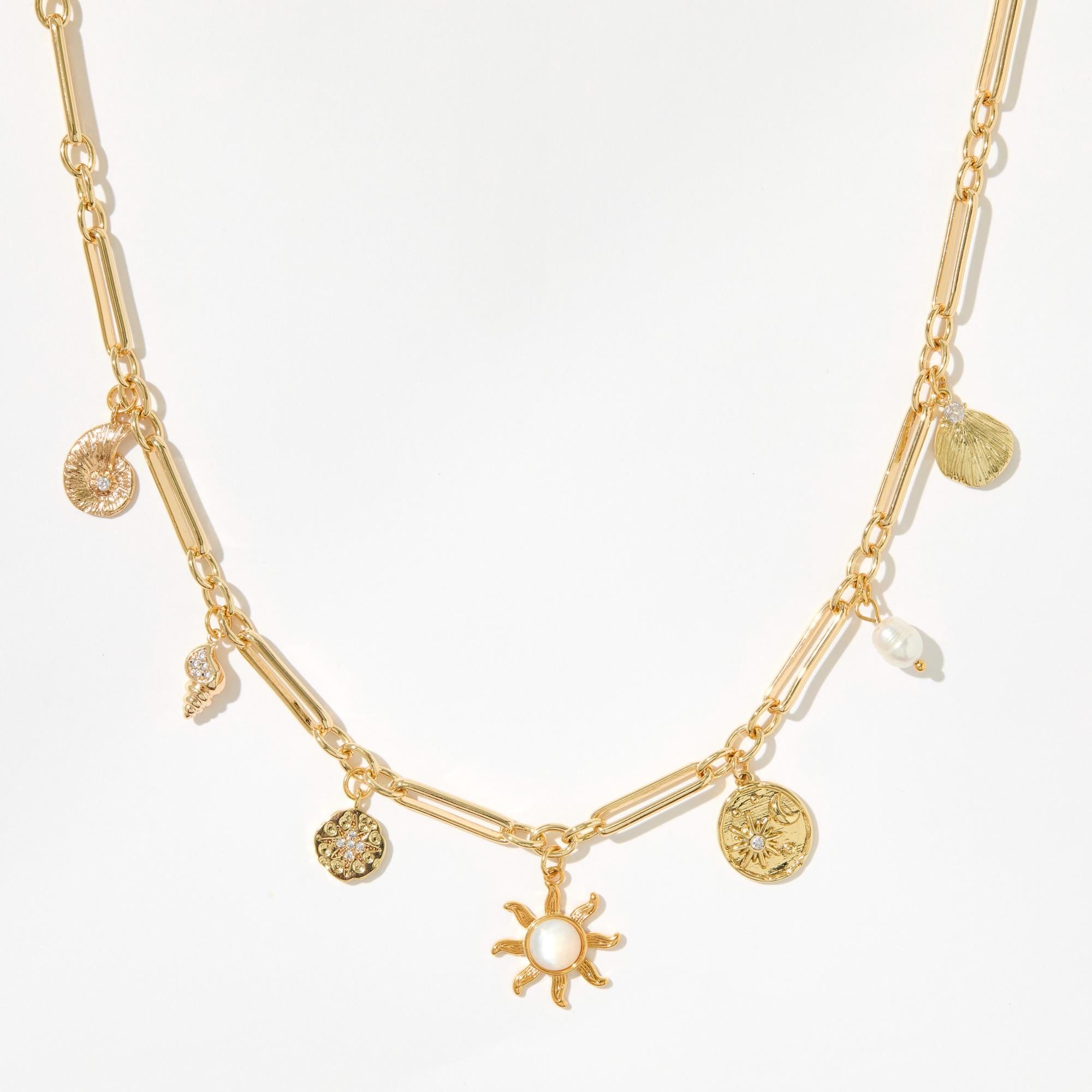 Gold Plated Multi Charm Necklace - Gold Jewelry - Birthday Gifts - Statement Necklace - Beach Charm Necklace