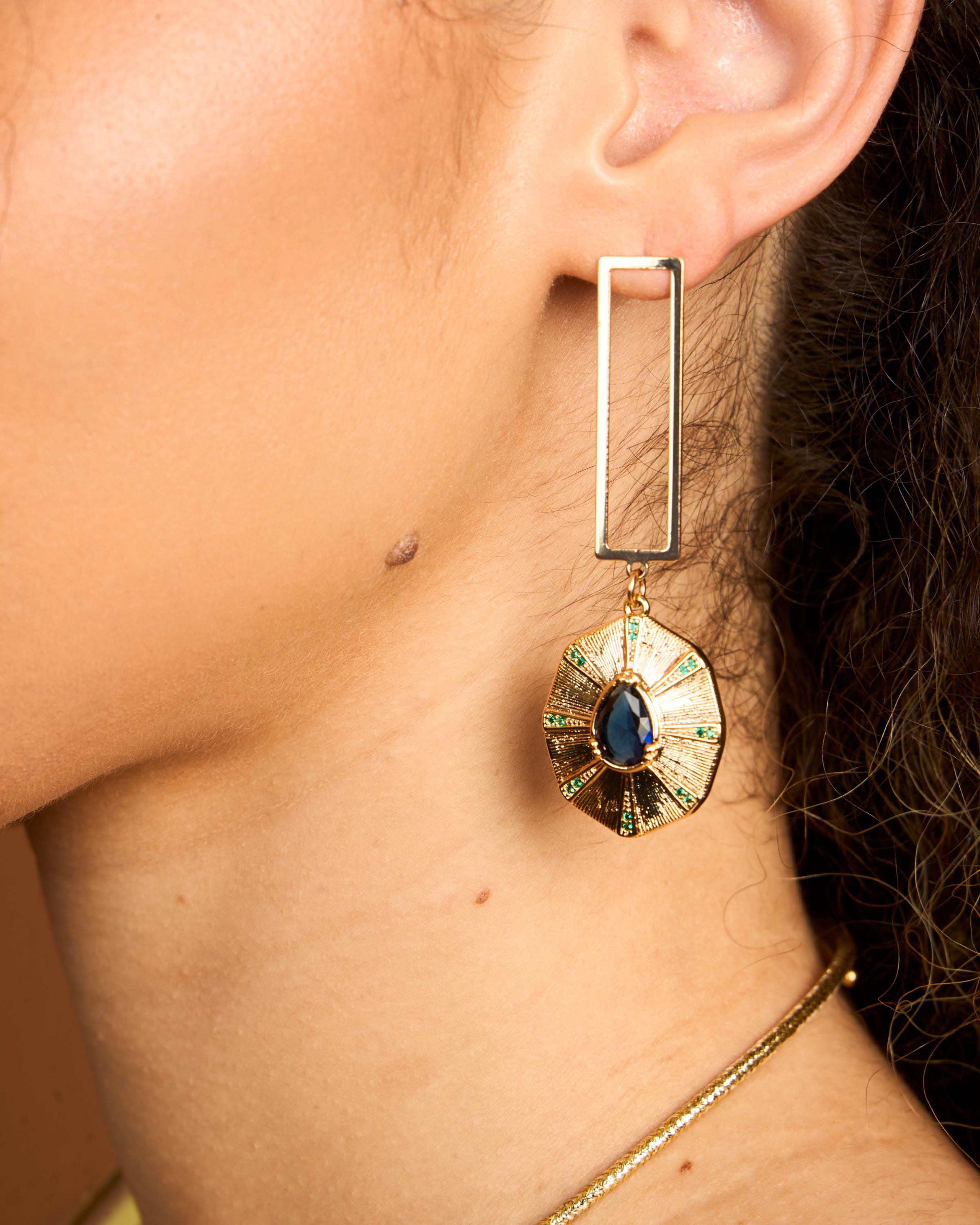 Gold Rectangle Drop Earrings with Blue Gemstone – Statement Dangle Earrings, Elegant Geometric Jewelry