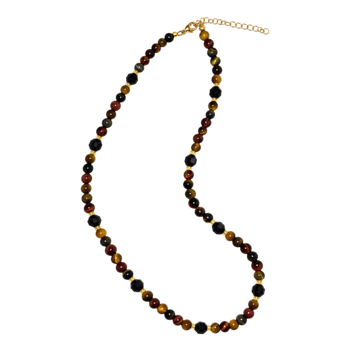 Tiger’s eye and black onyx gemstone beaded necklace with translucent yellow spacer beads and gold-filled accents