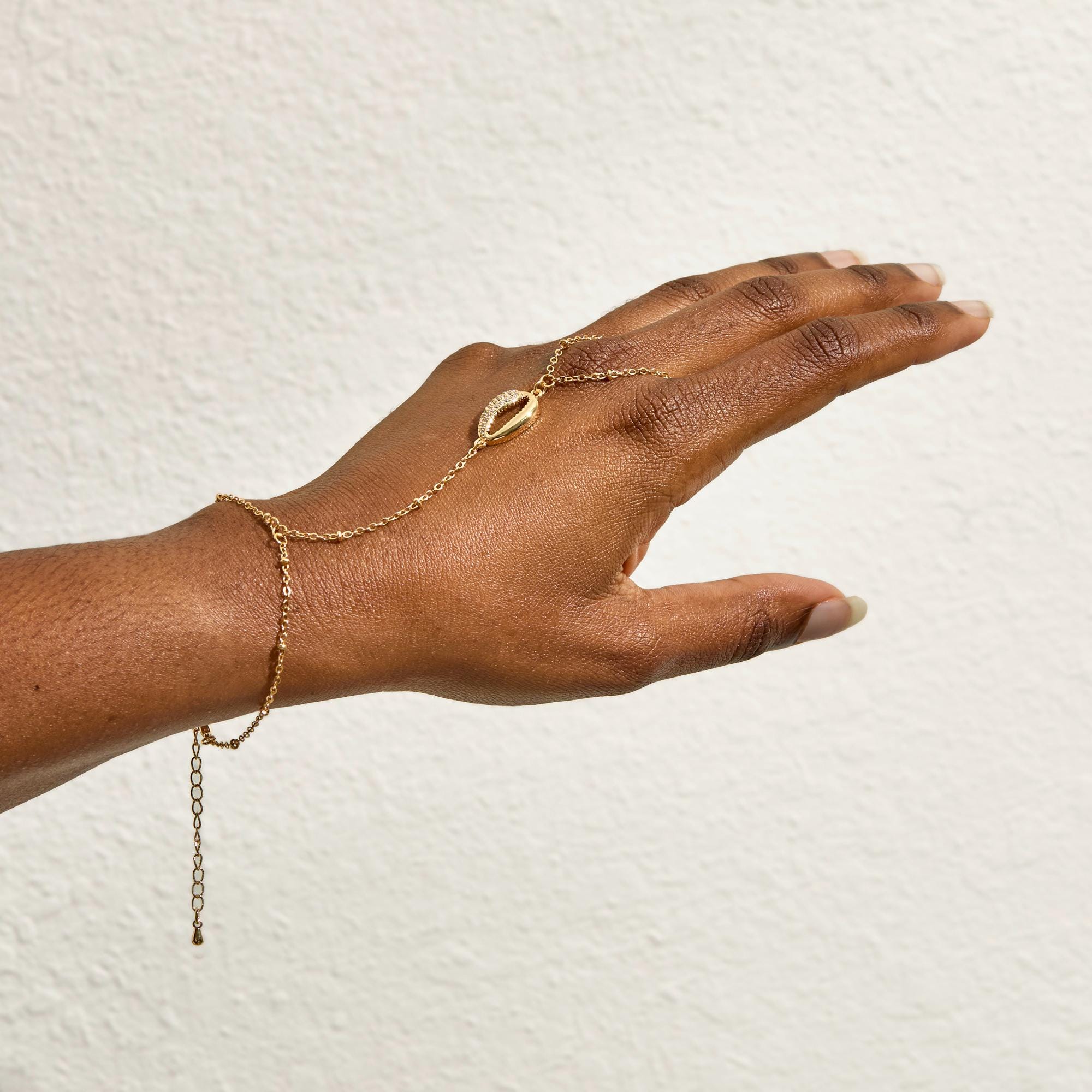 Boho Gold Plated Cowrie Shell Hand Chain Bracelet - Adjustable Hand Chain for Women - Beaded Hand Chain