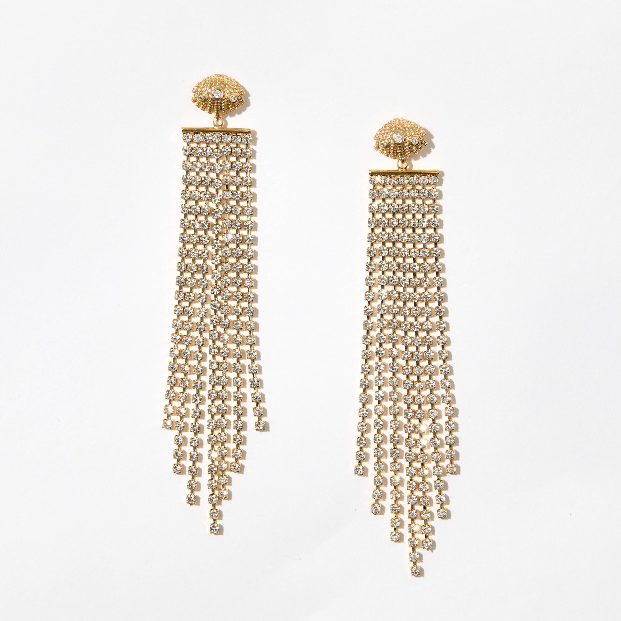 Clam Charm Earrings - Long Rhinestone Drop Earrings - Statement Earrings - Chandelier Earrings - Summer Earrings
