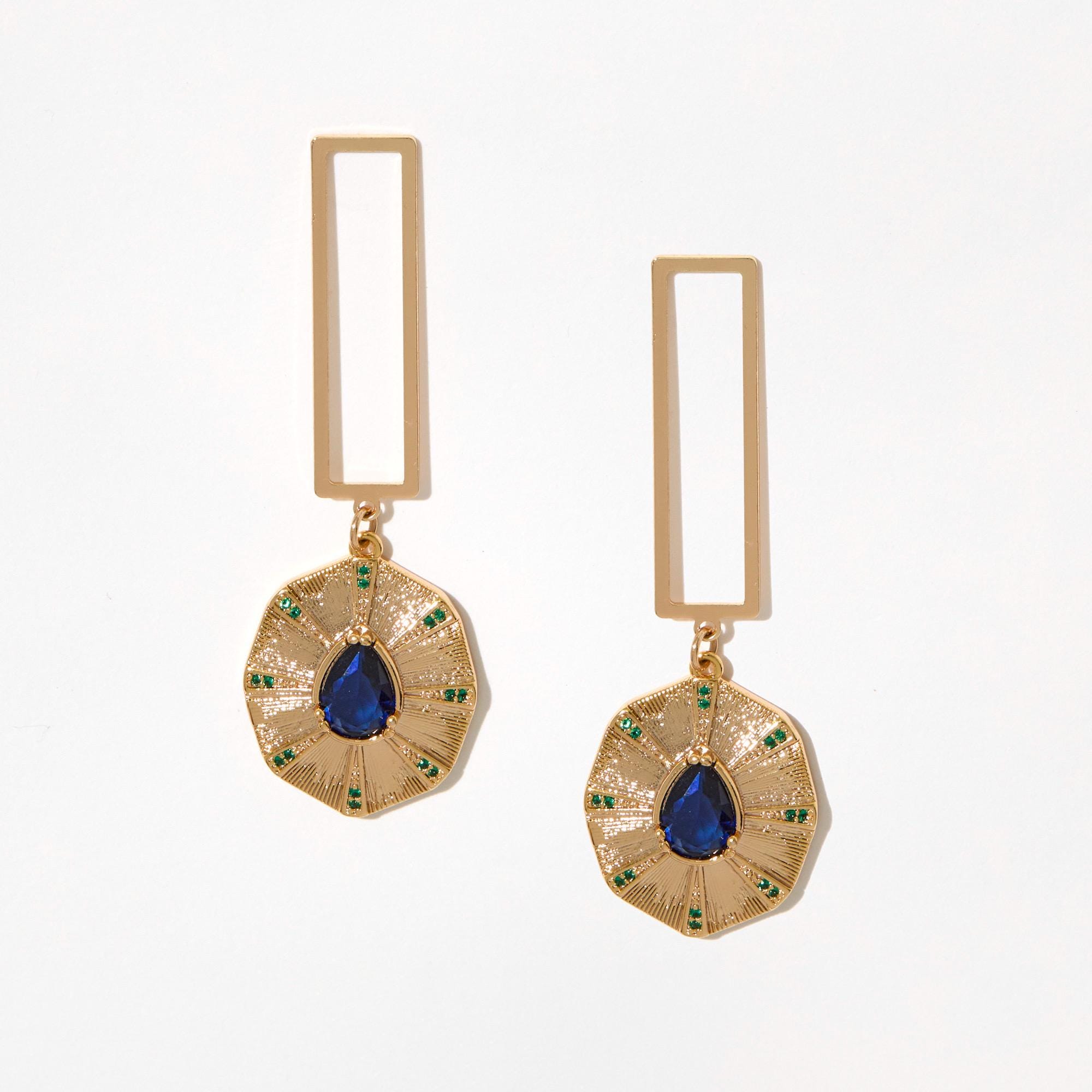 Gold Rectangle Drop Earrings with Blue Gemstone – Statement Dangle Earrings, Elegant Geometric Jewelry