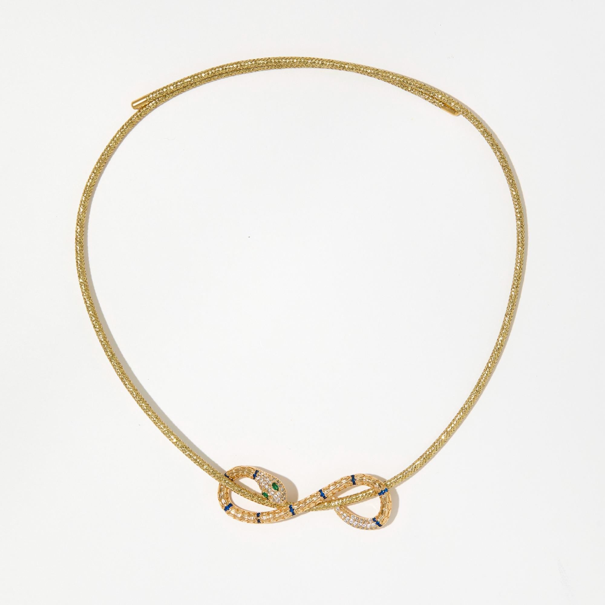 Chic Gold Cord Necklace with 18k Gold Plated Serpentine Charm & Emerald Sapphire Cubic Zirconia