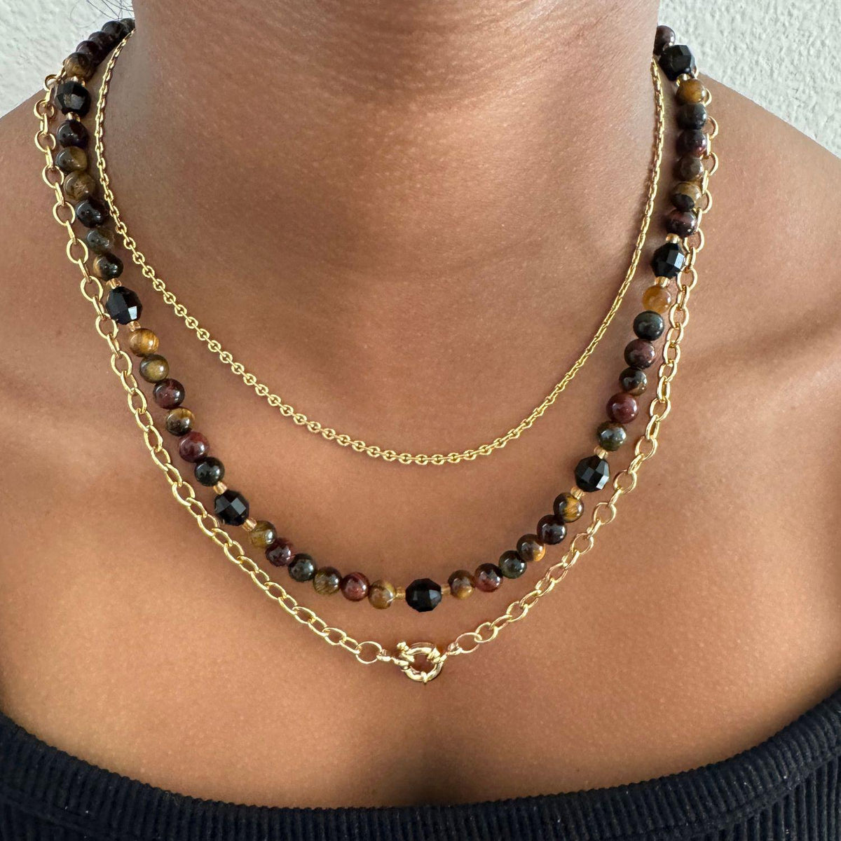 Tiger’s eye and black onyx gemstone beaded necklace, 6mm Gemstone Choker, Round Beaded Jewelry Gift, 14K Solid Gold, Gold Filled