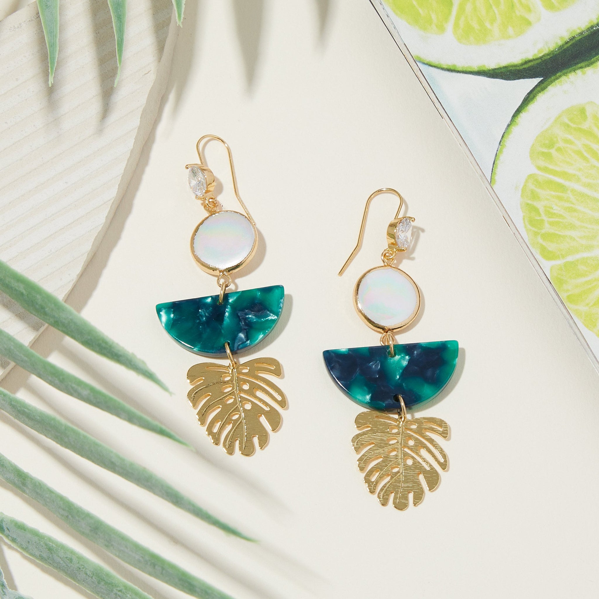 Vacation Earrings – Tropical Earrings – Green Earrings – Dangle and Drop – Beach Earrings – Handcrafted Jewelry – Palm Leaf Earrings