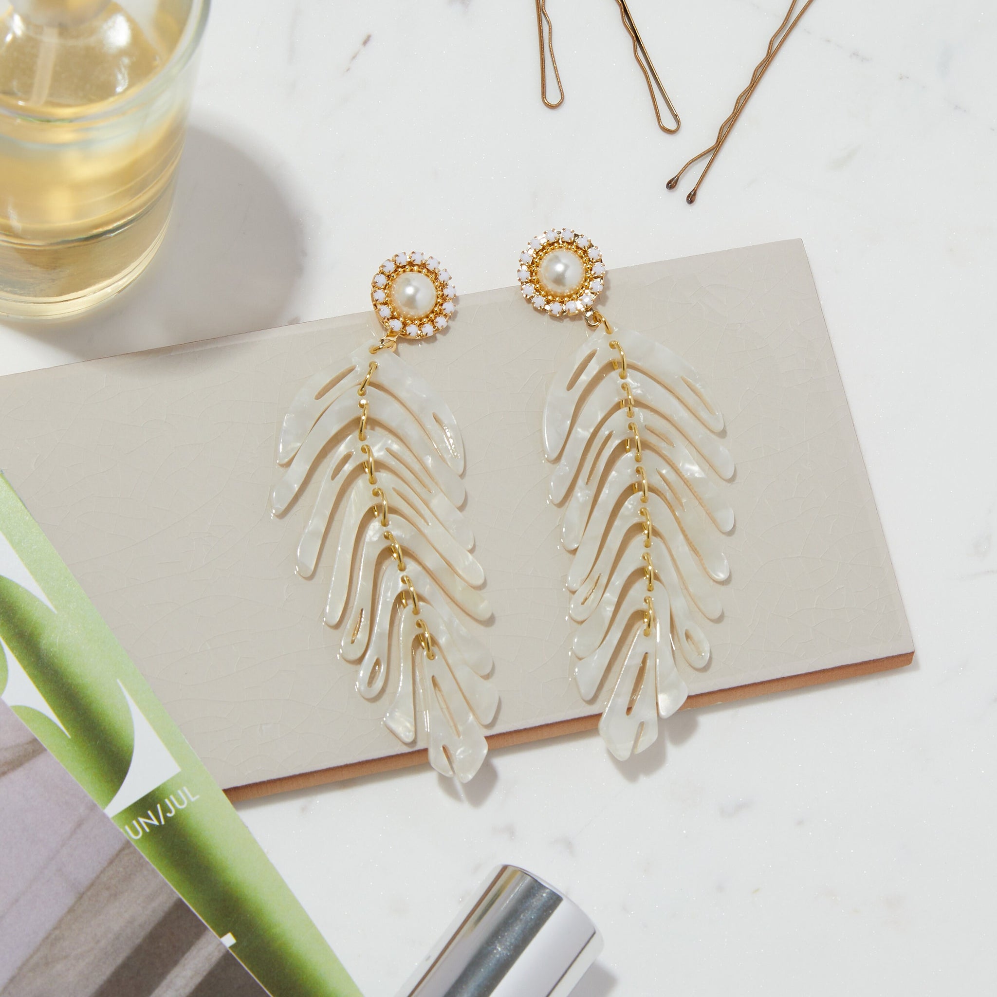 Monstera Earrings – White Earrings for Bride – Pearl Dangle Earrings – Boho Chic – Statement Earrings – Drop Earrings