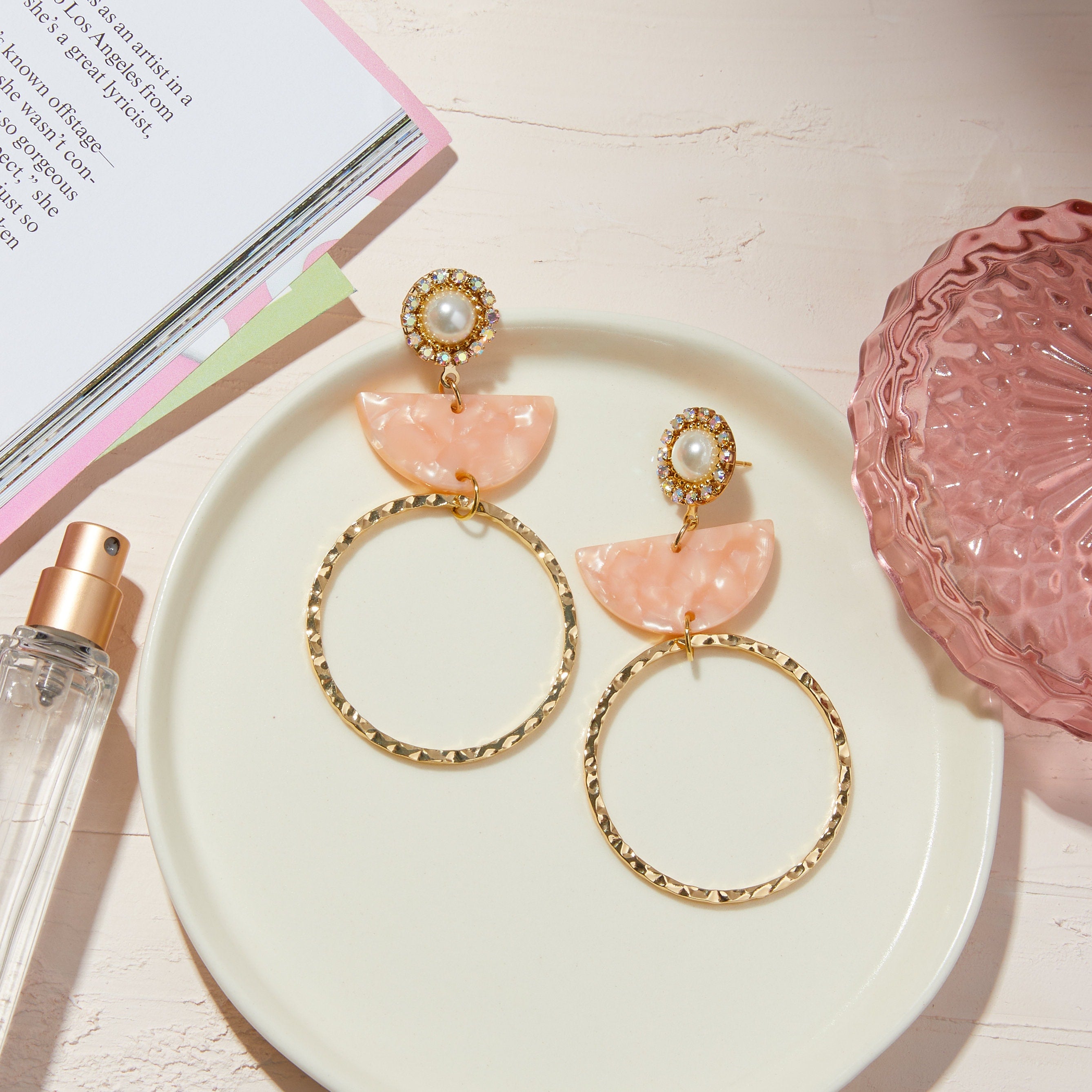 Pink Statement Earrings – Summer Earrings – Handmade Earrings – Resin Earrings – Lightweight Earrings – Pearl Earrings