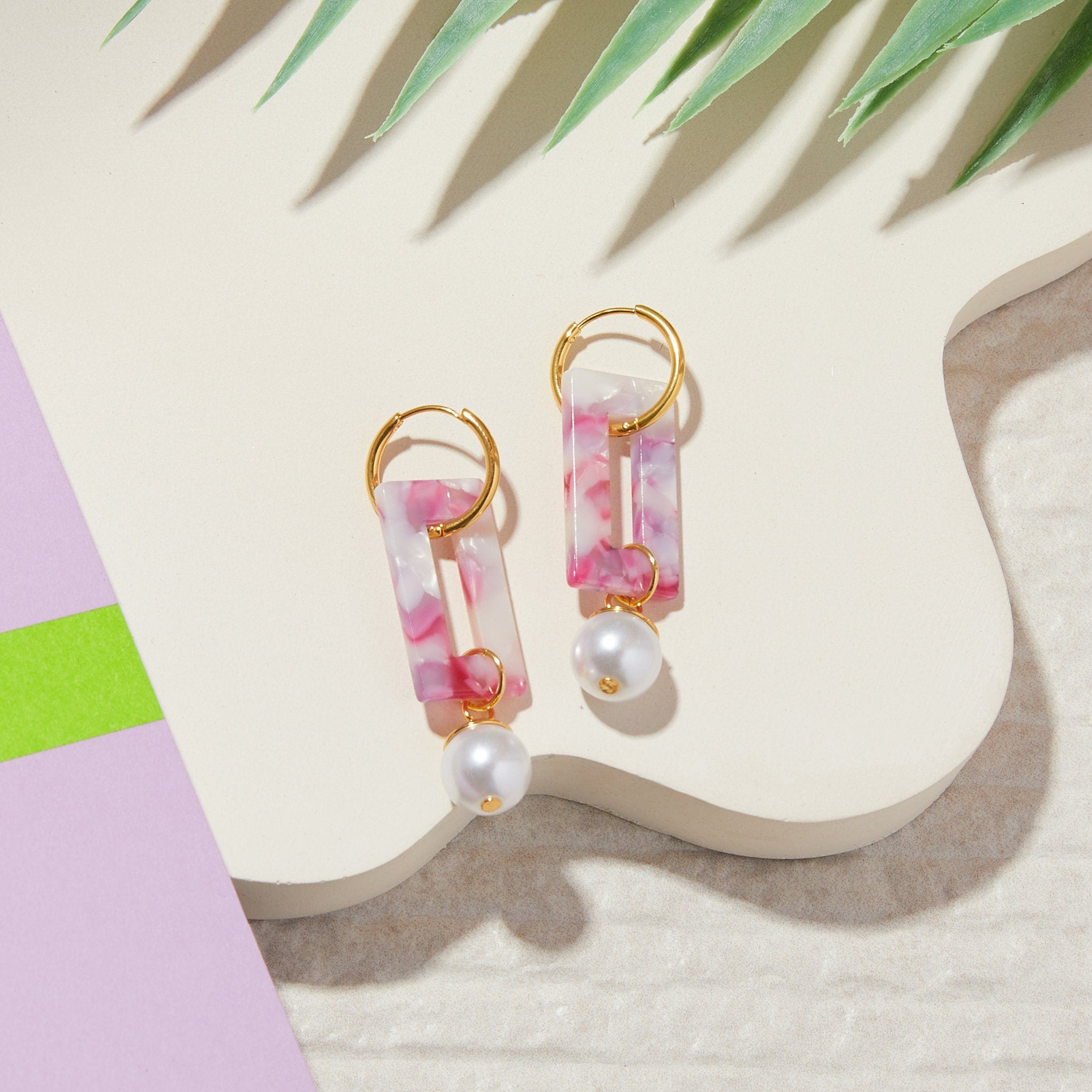 Modern Acrylic Dangle Earrings – Art Deco Earrings – Rectangle Earrings – Resin Earrings – Lightweight Earrings – Huggie Hoop Earrings