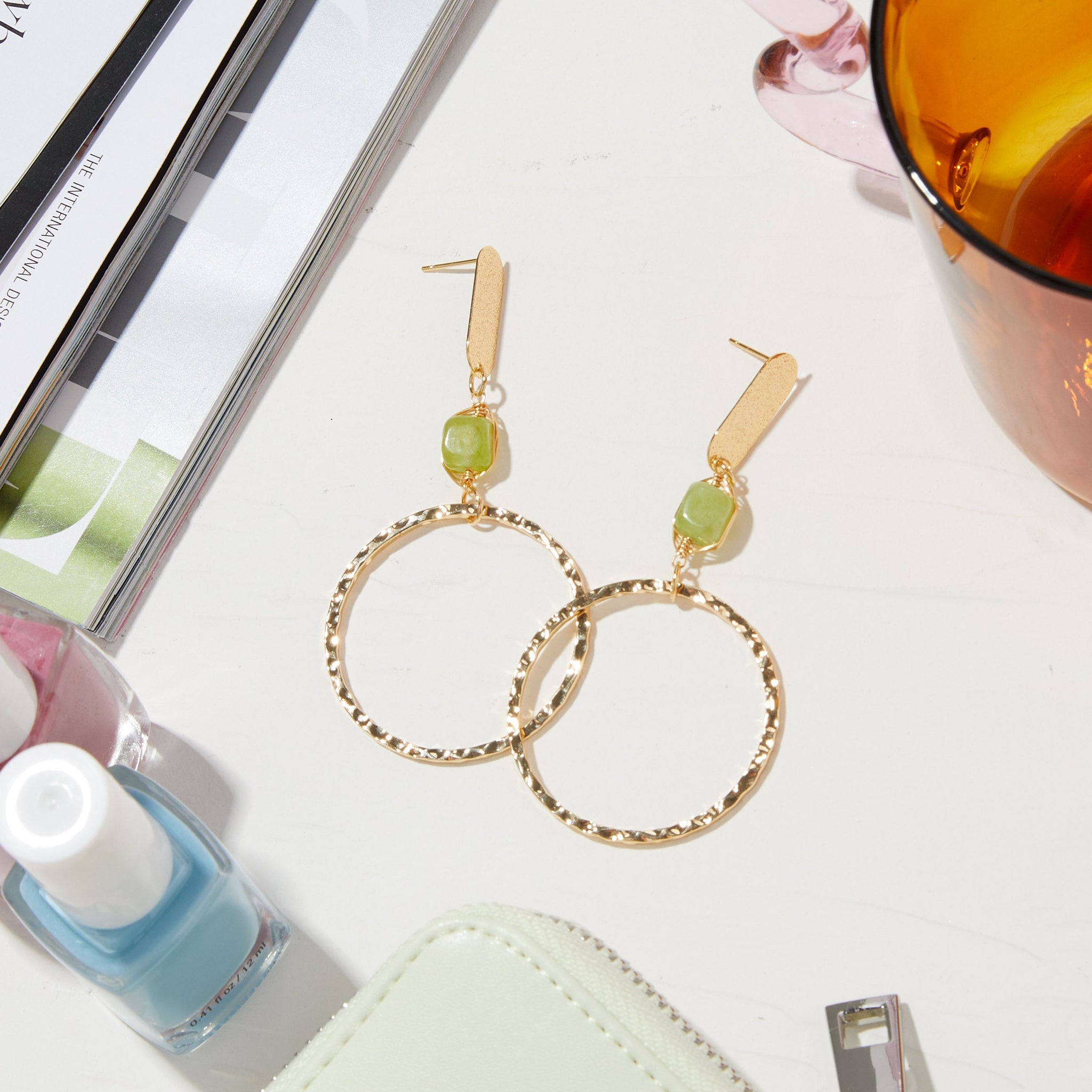 Green Stone Earrings - Fashion Hoops - Gold Earrings – Gold Natural Stone Earrings – Fun Gemstone Earrings – Jade Earrings